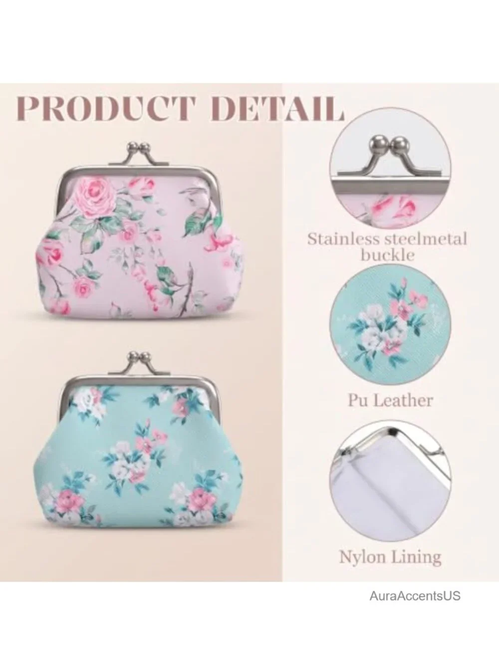 Kiss Lock Coin Purse Floral PU Leather Mini Wallet for Women